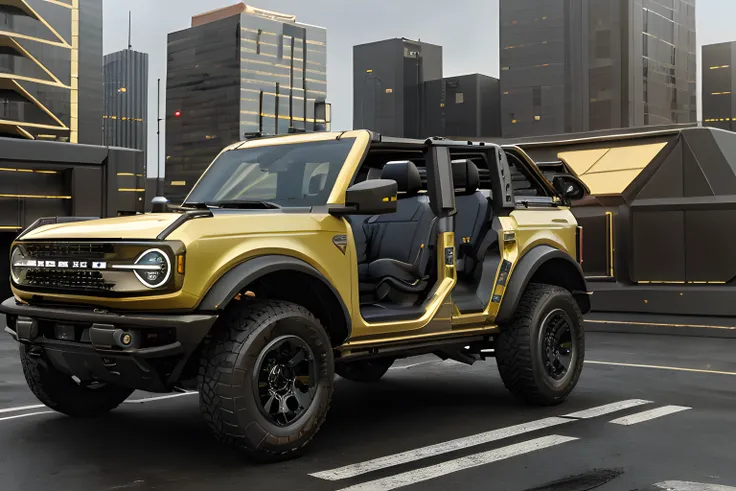 (centered in frame), 2022 ford bronco, 4-door, luxtech ,scifi, top-down, top off, luxurious, cyberpunk, shopping district , (crowded), (blurry people), roof lights, round headlights, (furturistic paintjob), (bright), (sunny), (sunlight), highly detailed, u...