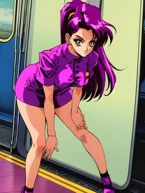 <lora:marika_kusaka_2024_2_3:1>marika_kusaka,1girl, solo, breasts, ponytail, long hair, purple hair,medium breasts, nurse, in a train, 1990s (style),etro artstyle, fullbody.