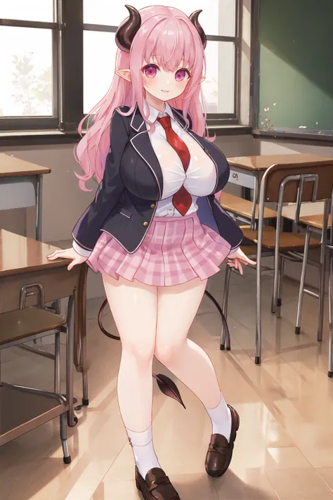 <lora:succchara2-10:0.6>, succubus, huge breasts, hair flower, school uniform, open jacket, blazer, mary janes, loafers, black socks, red necktie, necktie between breasts, plaid skirt, pink skirt, smile, lips, indoors, classroom, full body, looking at view...