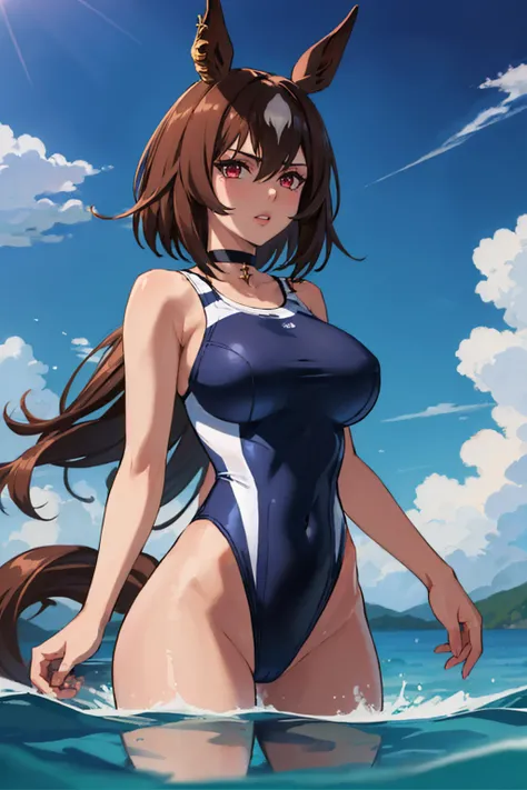 (masterpiece, best quality:1.2), solo, 1girl, sirius symboli, parted lips, looking at viewer, wading, horse ears, blue one-piece swimsuit, horse tail, choker, large breasts, outdoors <lora:umamusume_siriussymboli-10:1>