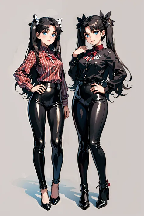 masterpiece, best quality, <lora:EPfsnRin-08:0.7>, EPfsnRin, black hair, very long hair, twintails, two side up, bow, reference sheet, disneyland, day, pray hand on hip, striped shirt, horizontal stripes, leather pants, light smile