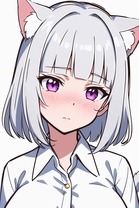 1girl, solo,
short hair, wavy hair, silver hair, blunt bangs, cat ears, cat tail, purple eyes, large breasts, white shirt, collared shirt, button gap, head tilt, nose blush, surprised,
portrait, white background, simple background, sketch,
masterpiece, bes...