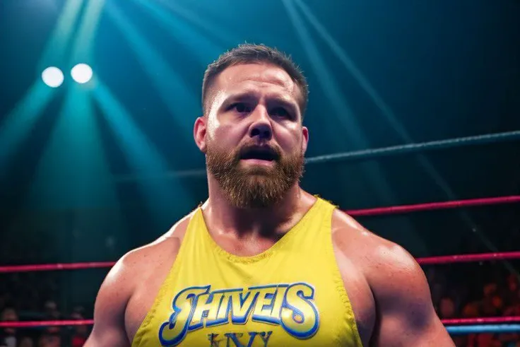 photorealistic photo of a 35year old wrestler dashwilderv2, 35mm, muscular, yellow tanktop, yellow trunks, handsome, photorealistic, short beard, serious face, grimace, inside wrestling ring, spotlights background, 80s TV theme