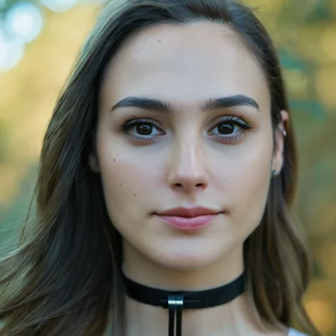 Skin texture, no makeup, Super high res closeup portrait photo of a woman outdoors with straight hair, wearing a small string choker around her neck,f /2.8, Canon, 85mm,cinematic, high quality,looking at the viewer, <lora:galgadot_xl_1_standard-000079:1>