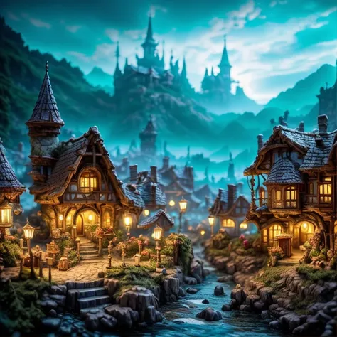 (masterpiece:1.2), (best quality,:1.2), 8k, HDR, ultra detailed, ((photorealistic)), professional light, cinematic lighting, fashion photography, ambient lighting,<lora:detail_slider_v4:2.5>, a small medieval fantasy village at a river, FanSe, DarkFantasy,...