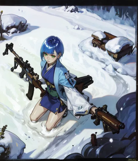 masterpiece, high res, anime screencap, 1 girl, solo, rifle, aiming, seen from above, blue hair, short hair, green eyes, japanese clothes, blue outfit, bare legs, one hightigh, snowy mountain, outdoors, full body, cowboy shot   <lora:Horo:1>