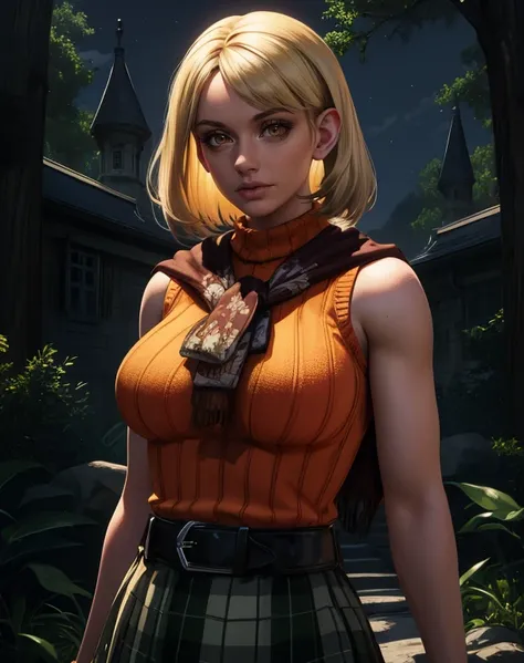 ashleyc, brown eyes,blonde hair,lips,
orange sweater,sleeveless,scarf,skirt,belt,
standing,mansion,night,outdoors,forest,
standing,upper body,
(insanely detailed, masterpiece, beautiful face, best quality),solo,<lora:ashleyC:0.8>,