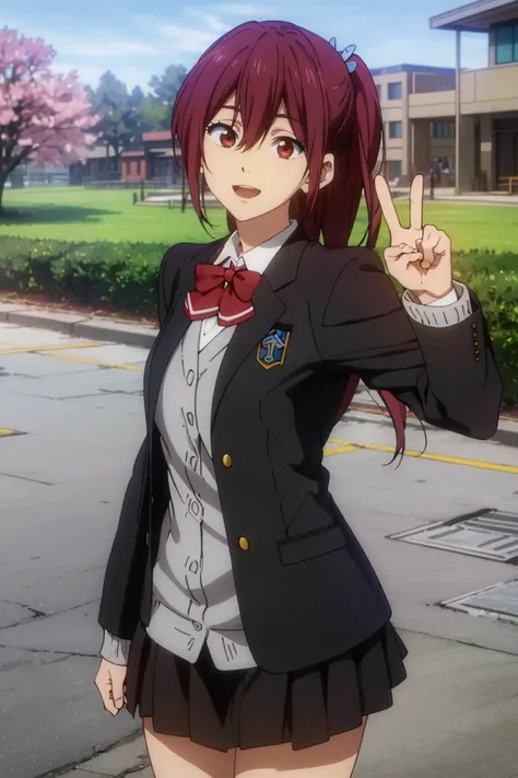 masterpiece, extremely detailed,perfect lighting, detailed face,detailed eyes,anime screencap,(perfect hands, perfect anatomy),1girl,solo,<lora:matgou_e15:0.8>matgou, school uniform,winter uniform,black blazer,outdoors,standing,smile,peace sign,cowboy shot...