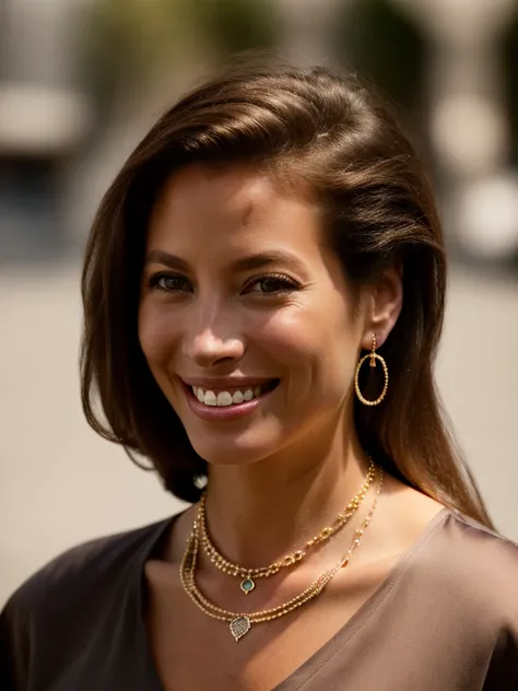 Realistic photo of a beautiful chr1styt woman,1girl,solo,long hair,looking at viewer,smile,brown hair,shirt,black hair,brown eyes,jewelry,white shirt,earrings,teeth,necklace,mole,grin,lips,portrait,realistic, soft lighting, professional Photography, Photor...