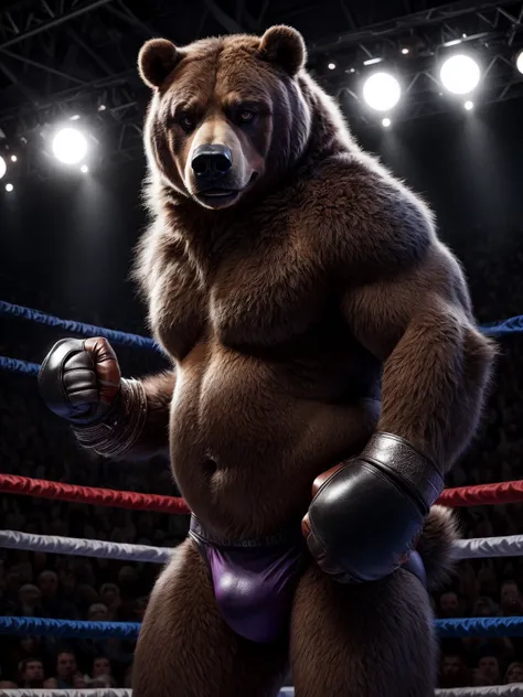 male anthro bear, chubby, dynamic pose, bust portrait, underwear, solo, realistic fur, detailed background, bedroom, detailed fluffy fur, long fluffy fur, photorealism, fighting ring, hdr, short tail, crowd, purple stage light, leather gauntlet