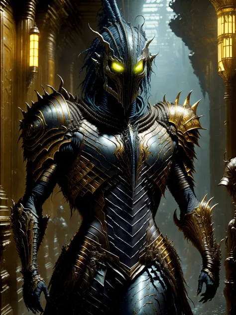 HDR photo of ici, a young alien prince in elegant armor, large hallway with yellow ceiling lights . High dynamic range, vivid, rich details, clear shadows and highlights, realistic, intense, enhanced contrast, highly detailed