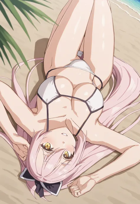 sysdeep_ariane, 1girl, solo, long hair, breasts, cleavage, very long hair, ponytail, yellow eyes, pink hair, sidelocks, day, pointy, beach, sand, lying on back, white bikini, <lora:Ariane Glenys Maple - [Skeleton Knight in Another World] - XL Version 1-000...