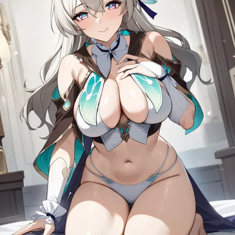 best quality, masterpiece,    <lora:firefly:1>,firefly (honkai: star rail), 1girl, solo, looking at viewer, kneeling, smile, closed mouth, large breasts, breast curtains, cleavage, hand on own chest, navel, thighs, white panties, black capelet, bridal gaun...