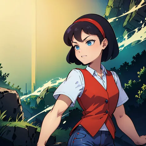 1girl, solo,  black hair, blue eyes, red headband, short hair, shirt, red vest, bea,  blue pants,     <lora:Bea_MightyMax_Leaf3-any:0.8>, green lighting,  light particles,