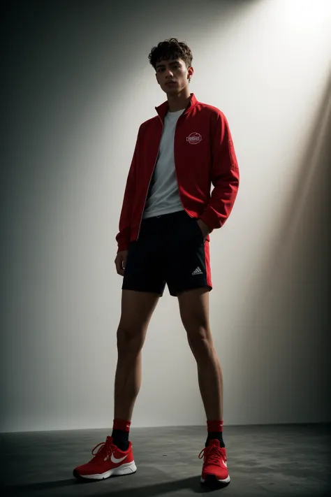 surrealist photo of a man, eager, red track jacket, athletic shorts and sporty sneakers, full body, under light beams streaming through haze, knee-high, shot on a Pentax 645Z