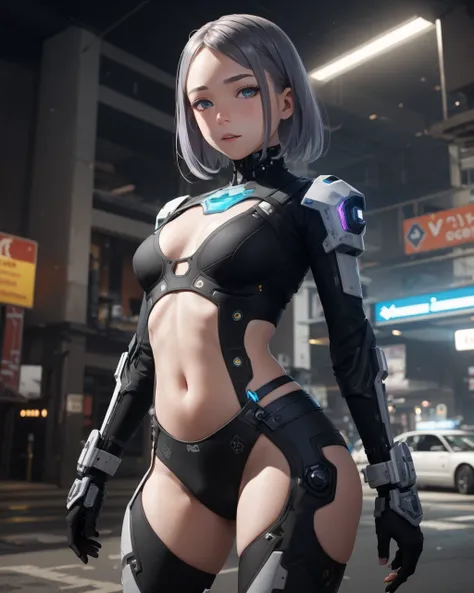 best quality,masterpiece,highly detailed,ultra-detailed, <lora:neg4all_bdsqlsz_V3.5:-1>,1girl,   <lora:cartoonisationer-21st_ce:1.75>, 1girl, A cyborg wearing an exoskeleton with a holographic illusion feature, creating mesmerizing visual effects. The synt...