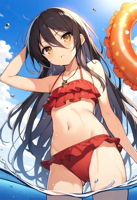 1girl, shana, arm up, bare arms, bare shoulders, bikini, black hair, blue sky, cowboy shot, day, flat chest, frilled bikini, frills, innertube, jewelry, long hair, looking at viewer, navel, necklace, ocean, outdoors, parted lips, partially underwater shot,...