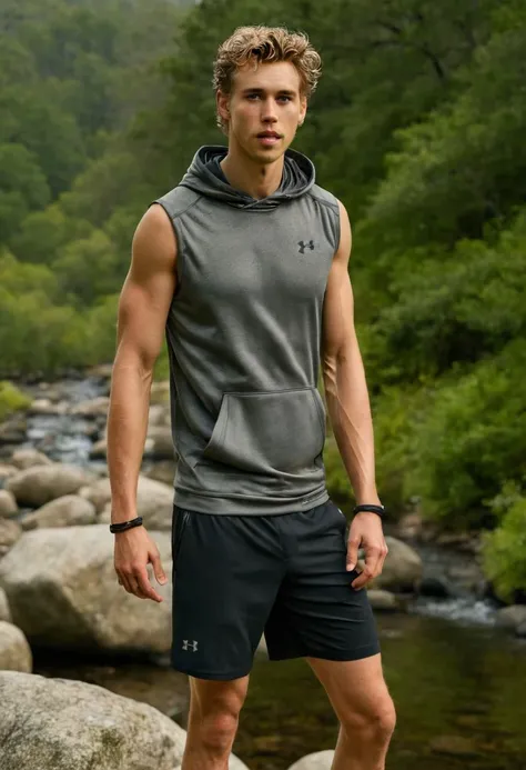 photo of Shaun Sipos a man <lora:Austin-Butler_Shaun-Sipos:0.8>, wearing a sleeveless well-fitted under armour hoodie and compression shorts, standing on a boulder, outdoor trail, 35mm photograph, film, bokeh, professional, 4k, highly detailed, creek in th...