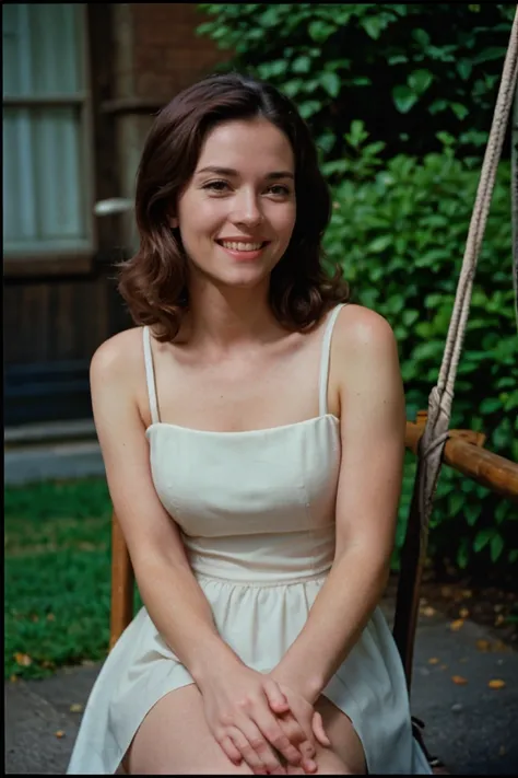 analog film photo (<lora:[US]_-_Lee_Ann_Meriwether:.8>) a vintage photograph of leeannmeriwether with Tousled bedhead look, (grin512:1.1), Light Salmon Tulle Swing Dress in White or Lavender, College campuses, outstretched hand, in style of Craig Green, hi...