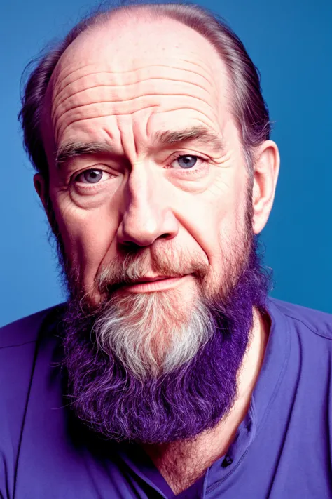 sfw, a realistic photo of George Carlin with purple lighting striking in the background, award winning DSLR ANALOG photo, trending on, 90-style