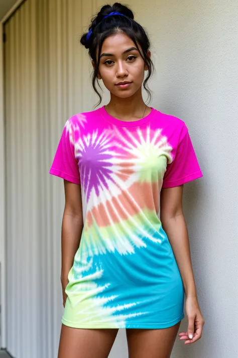 a gorgeous Cook Islander woman, lanky body, auburn space buns hair, tie-dye t-shirt dress with platform sneakers