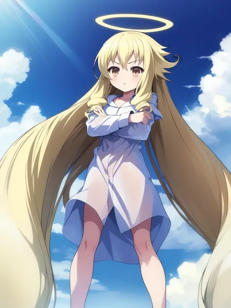 <lora:angelia_avallone:0.8>,  angelia, 1girl, solo, long hair, very long hair, barefoot, blonde hair, halo, sky, crossed arms, cloud, brown eyes, twintails,
masterpiece, high quality, very_high_resolution, large_filesize, full color,