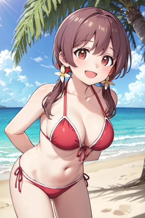 masterpiece,best quality,highres,ultra-detailed,murosaki miyo,long hair,low twintails,bangs,hair flower,<lora:murosaki_miyo:0.7>,beach,:d,arms_behind_back,leaning_forward,bikini,