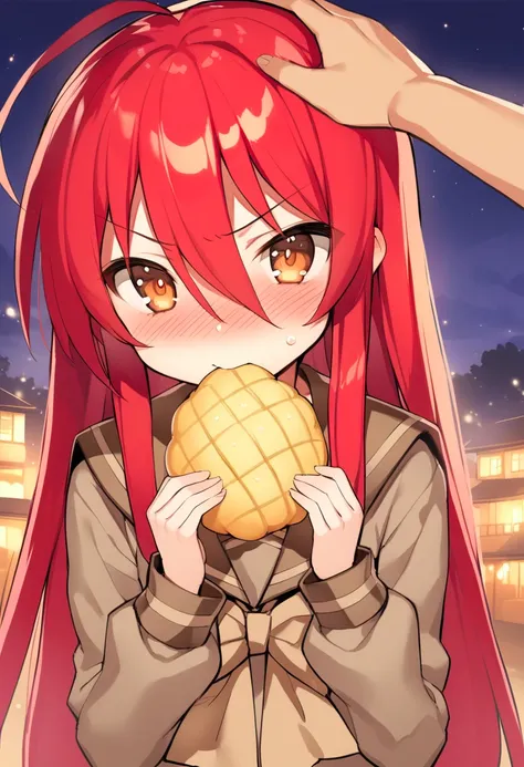 1girl, shana, headpat, ahoge, blush, bow, bread, brown bow, brown eyes, brown sailor collar, brown shirt, closed mouth, flat chest, food, food in mouth, hair between eyes, holding, holding food, very long hair, long sleeves, looking at viewer, melon bread,...