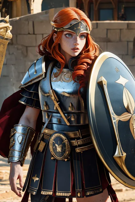 <lora:detail_slider_v4:1> > masterpiece, high quality,, freckles, long hair, ginger hair, grey eyes,   <lora:h0pl1t3:0.7>h0pl1t3, armor, hoplite, helmet, shield, female,