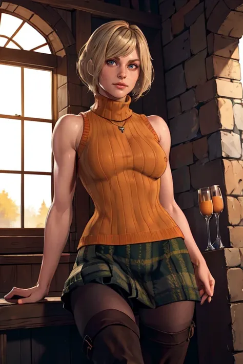 masterpiece,best quality,extreme detail,8k,<lora:ashley:0.6>,ashley2,1girl,solo,short hair,skirt,blonde hair,shirt,thighhighs,bare shoulders,jewelry,pantyhose,boots,sleeveless,sweater,plaid,turtleneck,thigh boots,plaid skirt,bob cut,sleeveless turtleneck,o...