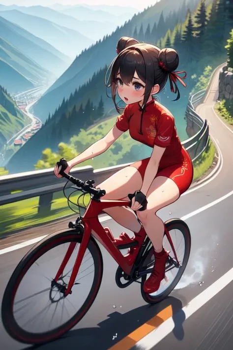 (((masterpiece))), (((best quality))), (((full body))), (((from side)), (((riding a uphill road bike))), (((hands on handlebar))), (((steep slope))), headphones, ((red high neck qipao cycling shorts)), strong wind, 1girl, ribbon, ((brown twin bun hair)), c...