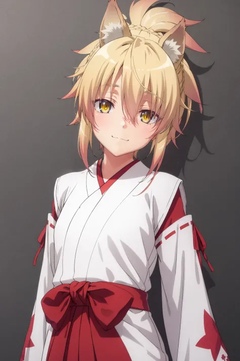 masterpiece, best quality, 1girl, kunou, blonde hair, short hair, ponytail, yellow eyes, fox ears,  japanese clothes, red hakama, miko, looking at viewer, upper body, smile, solo, (simple background, solid grey background)  <lora:Kunou:1>