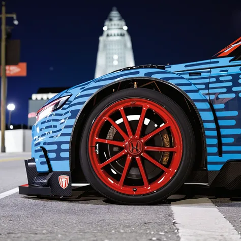 RAC3R, A close-up of a cars (red:1.1) wheel with a black tire. The car has a blue paint job with light blue stripes. Theres a small aero winglet on the rear fender, and its parked on a surface with a yellow and black striped line. honda