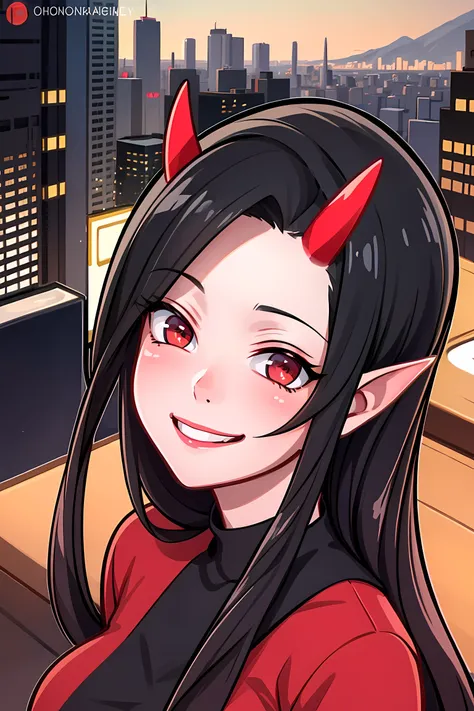 masterpiece, best quality, very detailed illustrations, city background, (photo portrait), <lora:devilgirlvk-15:0.5>, 1girl, solo, long black hair, horns, pointy ears, red eyes, looking at viewer, red turtleneck, smile, winks,