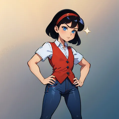 1girl, solo,  black hair, blue eyes, red headband, short hair, shirt, red vest, bea,  blue pants,  <lora:Bea_MightyMax_Leaf2-10:0.8>, hands on hips,  gradient background, simple background,