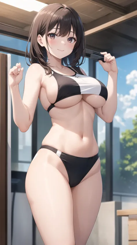 masterpiece, best quality, highres, BREAK, 
 , (perfect:1.1),   boob, , old lakes midnight, , tropical, ceiling, , , walking, thighs, mature female,, pale skin, beauty, taupe, , sanpaku, , very innocent smile, ,
BREAK
,student training wear