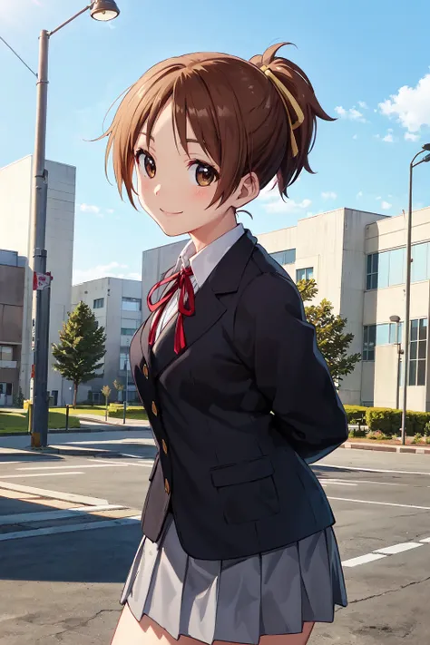 masterpiece,best quality,highres,ultra-detailed,bbui,short hair,ponytail,hair ribbon,sakuragaoka high school uniform,jacket,neck ribbon,shirt,long sleeves,skirt,socks,loafers,<lora:hirasawa_ui:0.7>,outdoors,cowboy shot,smile,standing,(arms_behind_back:1.4)...