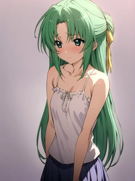 masterpiece, best quality, <lora:0r0P00W0n0j0O0kqLSDXL_LoRA_V1:1>, 1girl, solo, sonozaki shion, long hair, green hair, skirt, blush, ribbon, half updo, hair ribbon, blue eyes, camisole, green eyes, simple background