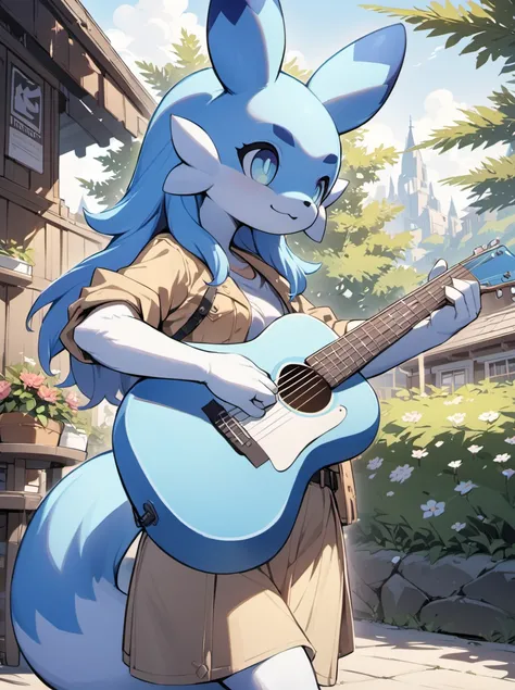 palowrld-chillet,  pokemon, 
flower, furry female, outdoors,playing guitar,music,holding guitar,jacket,:3,shirt,masterpiece,best quality,<lora:palworld_chillet_xl_lora_v3-000008:0.6>