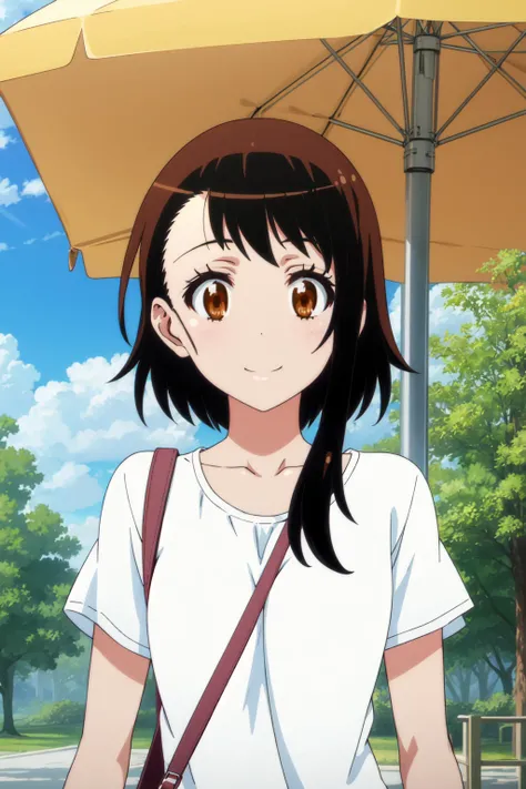 <lora:anime_screencap_v2:0.3> tall body, tall, long legs, mature female, mature, adult, <lora:GoodHands-beta2:1.4>
 <lora:eft_nisekoi_ondera-02:1>,  eft_nisekoi_ondera, 1girl, solo, brown eyes, smile, bag, day, outdoors, brown hair, looking at viewer, coll...