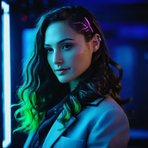 Photo of a woman with long wavy hair,portrait,kodachrome, neon,cyberpunk,  ,  <lora:galgadot_xl_1_standard-000079:1>