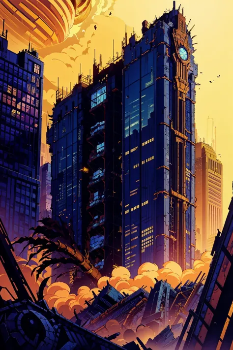 (masterpiece:1.2),best quality,
pharaoh ,mythical creature,Biomech,steampunk,
a frame of a animated film of 
a destroyed skyscraper at dusk
, style akirafilm <lora:Akira_Style:1>