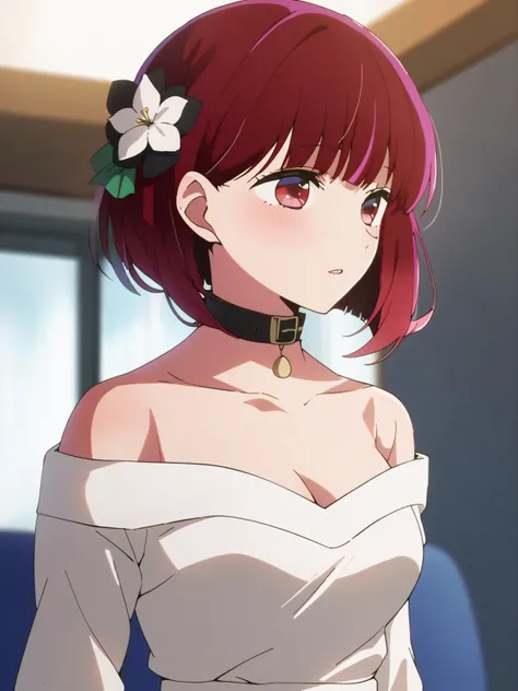 1girl, arimakana, red hair, short hair, red eyes, bob cut, BREAK
white dress, hair flower, black hair flower, bare shoulders, black collar, BREAK
<lora:arimakana_ponyxl:1>, score_9, score_8_up, score_7_up, score_6_up, score_5_up, score_4_up, anime