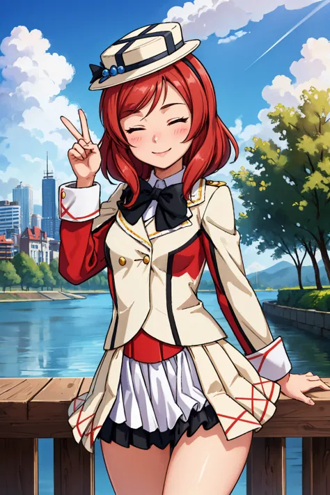 masterpiece, best quality, . <lora:llmaki-nvwls-v1-000010:0.9> idolMaki, white hat, red and white jacket, long sleeves, black bowtie, white skirt, closed eyes, happy, smile, finger V, cowboy shot, sky, clouds, trees, cityscape