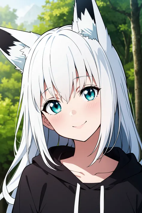 1girl, solo, shirakami fubuki,
long hair, wavy hair, silver hair, aqua eyes, small breasts, black hoodie, head tilt, smile, closed mouth, fox ears, animal ear fluff, light smile,
portrait, forest,
masterpiece, best quality,