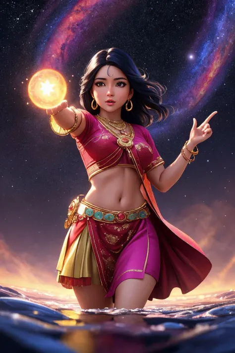 indian woman 25yo, Light brown head, pointing, Tenderness, melting into a magical puddle of stars, vibrant colors, highly detailed, digital painting, Style-Gravitymagic, artstation, concept art, smooth, sharp focus, illustration, Unreal Engine 5, 8K,, (mas...