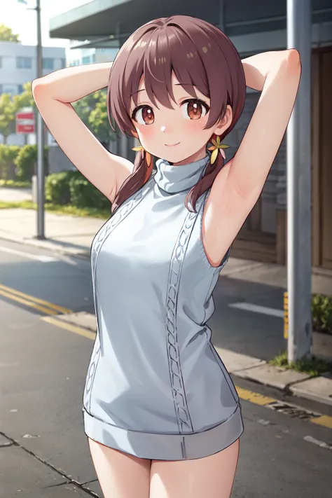 masterpiece,best quality,highres,ultra-detailed,murosaki miyo,long hair,low twintails,bangs,hair flower,<lora:murosaki_miyo:0.7>,(sweater:1.2),(turtleneck:1.2),street,smile,standing,(sleeveless:1.4),arm_behind_head,arms_up,cowboy shot,no pants,