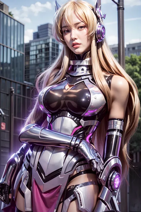 lauriel_apw, 1girl, solo, long hair, breasts, looking at viewer, blonde hair, simple background, thighhighs, gloves, bare shoulders, breasts, large breasts, standing, purple eyes, elbow gloves, armor, bodysuit, headgear, headphones, gauntlets, boots, high ...