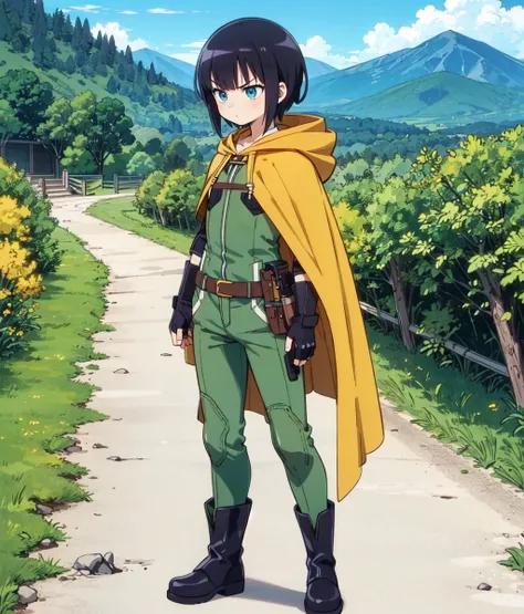 masterpiece, high res, anime screencap, 1 girl, solo, black hair, short hair, blue eyes, serious, green outfit, ((((hood on)))), ((long yellow cape)), fingerless gloves, tactical belt, white pants, green high boots, mountain path, outdoors, full body, cowb...