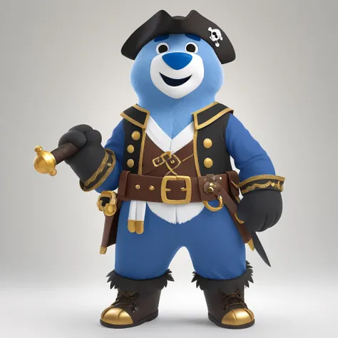 DMdyoma,  blue cartoon bear in a pirate costume,  bear appears majestic and strong,  and is dressed in pirate attire,  He wears a black triangular pirate hat with a feather,  open mouth.
The bear pirate is dressed in a dark brown shirt with a white collar ...